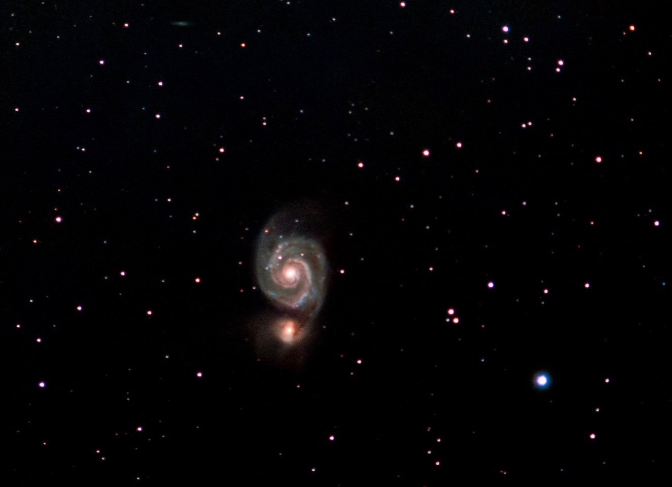 “Whirlpool Galaxy M51”. 25.8 million light-years away.The graceful winding arms of this majestic galaxy appears like a grand spiral.They are actually long lanes of stars and gas laced with dust.