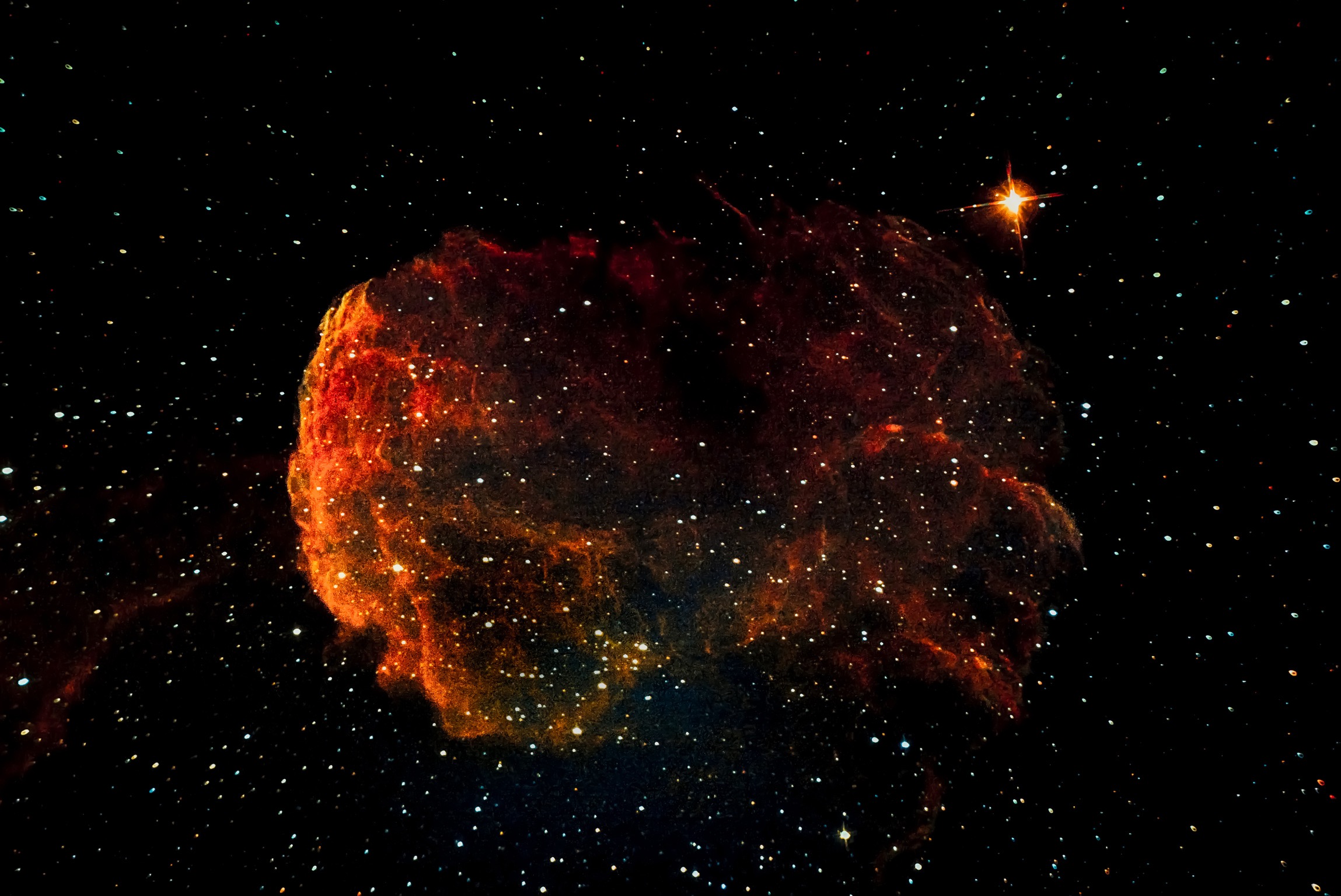 “Jelly Fish Nebula 5000” light years away.Supernovae are final evolutionary stage of massive stars.This process creates nuclear fusion which creates an explosion  so bright capable to outshine entire galaxy.The initial burst collides with interstellar medium which produces spectacular colors and glow.