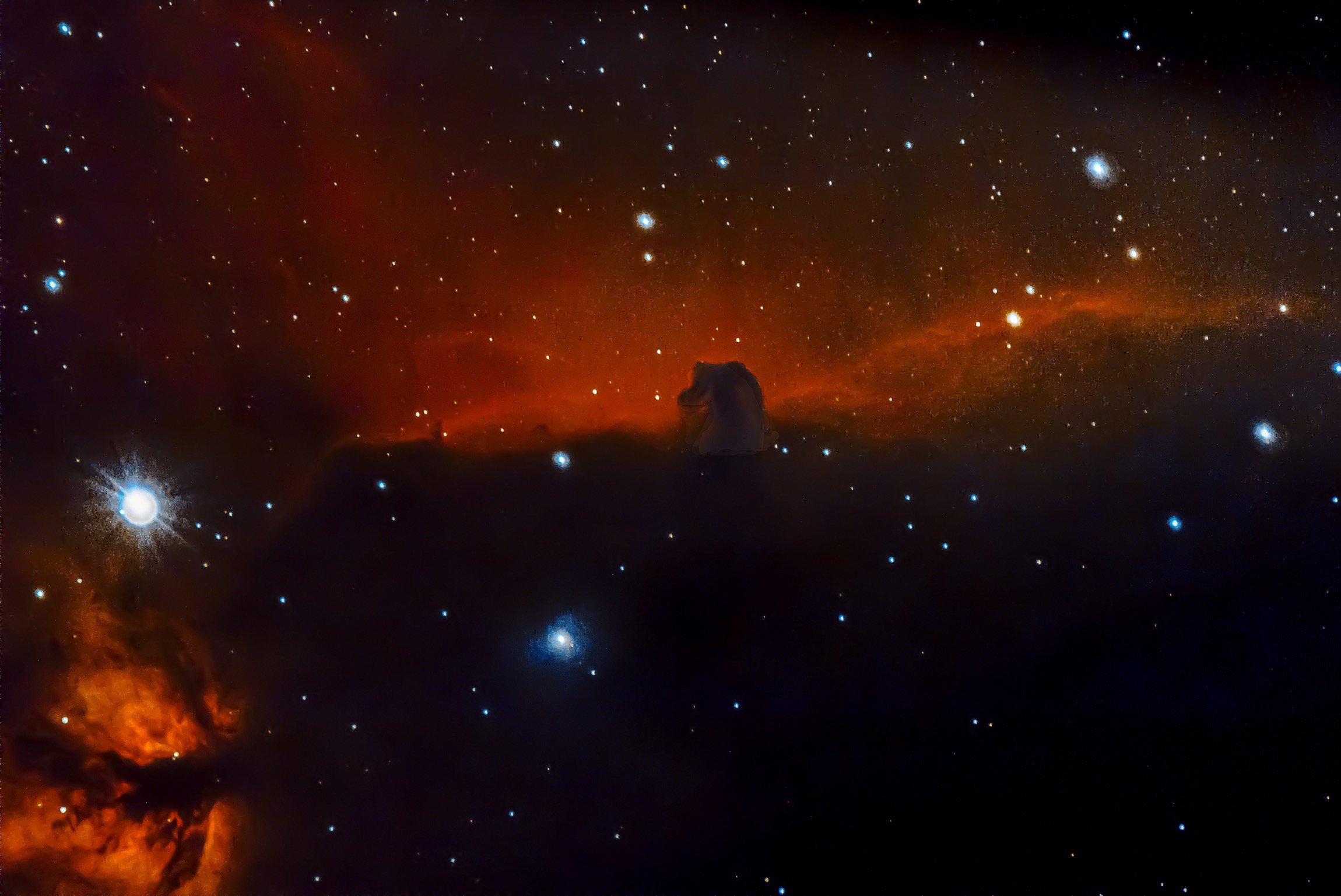 “Horsehead and flame Nebulae”, about 1400 light years away. First imaged at Harvard College Observatory in 1888.The magnetic fields channel the gases leaving the nebula into streams shown as foreground streaks against the background glow.Bright spots in the Horsehead nebula’s base are young stars.Flame nebula is a cluster of newly formed stars.