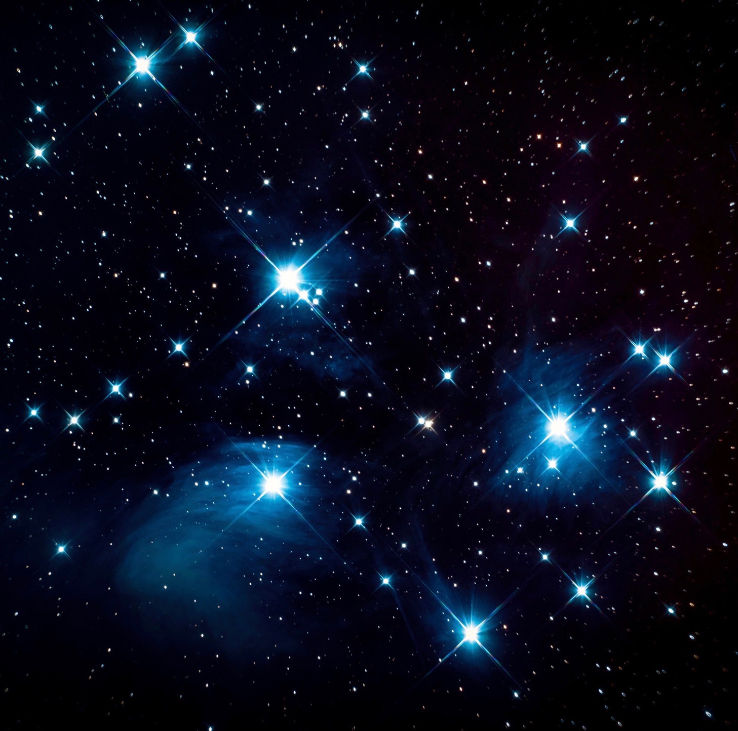 “The Pleiades”, Named after Greek God,also known as “Clusters of Seven Sisters”. This is an open star cluster, meaning group of stars that were born around the same time from gigantic clouds of gas and dust.The stars glow hot blue and form within last 100 million years.