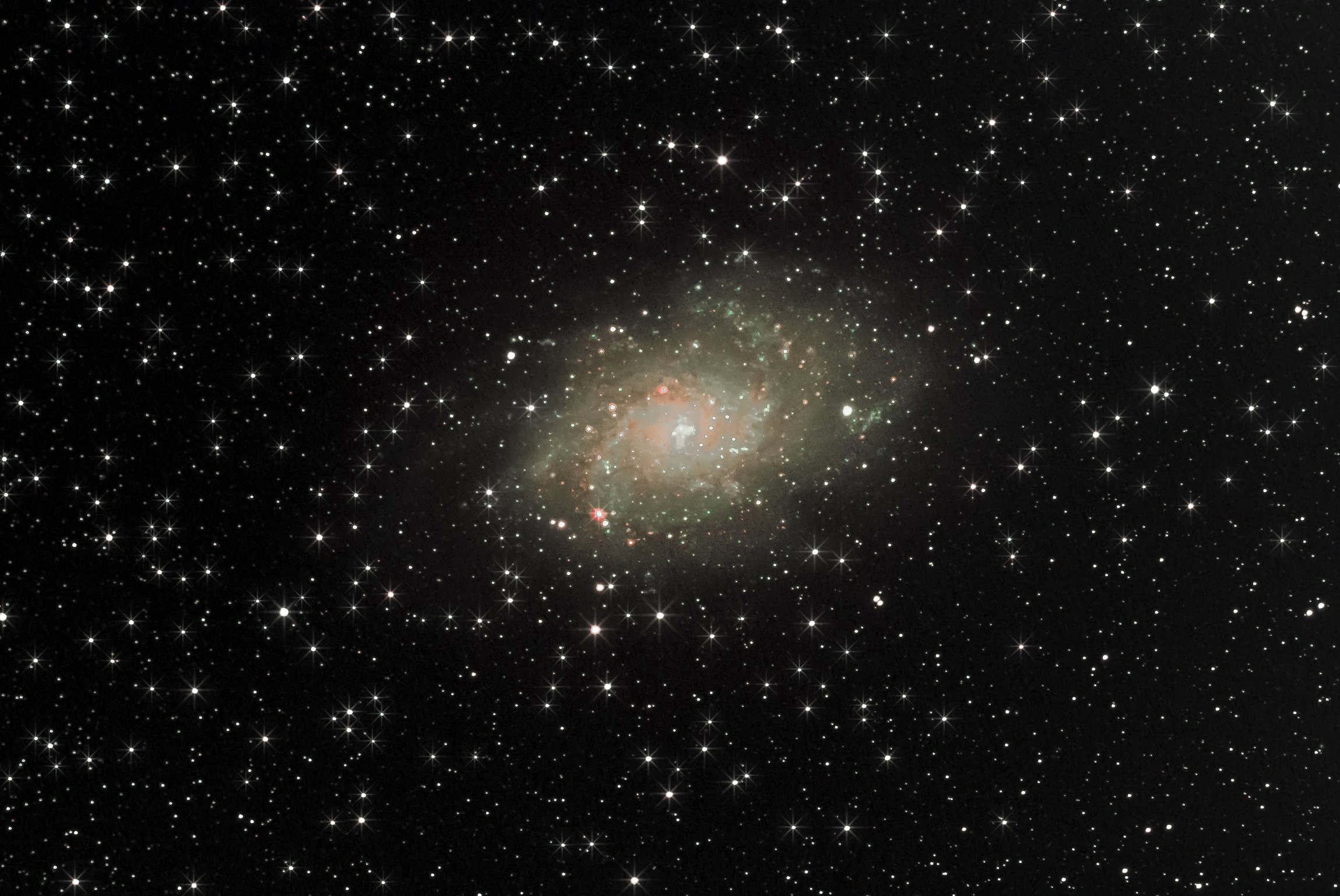 The Triangulum Galaxy is a spiral galaxy 2.73 million light-years from Earth in the constellation Triangulum. It is catalogued as Messier 33 or NGC (New General Catalogue) 598. With the D25 isophotal diameter of 18.74 kiloparsecs (61,100 light-years), the Triangulum Galaxy is the third-largest member of the Local Group of galaxies, behind the Andromeda Galaxy and the Milky Way.