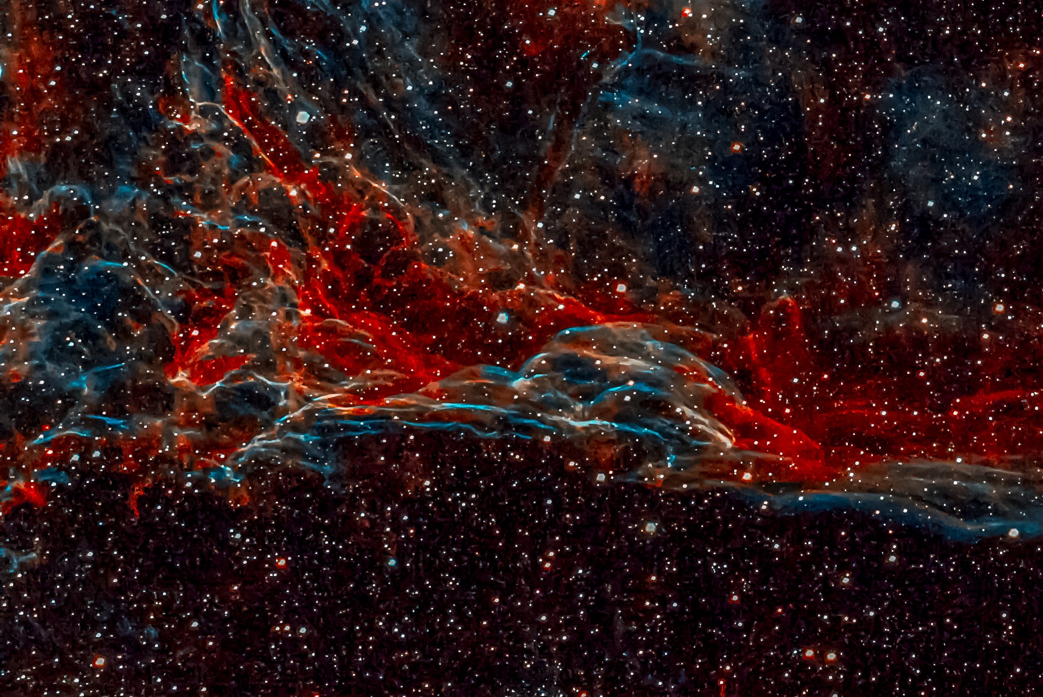 Another selection of Veil Nebula photographed in starless field. Source Supernova was a star 20 times more massive than the Sun which exploded between 10,000 and 20.000 years ago. At the time of explosion, the supernova would have appeared brighter than Venus in the sky.